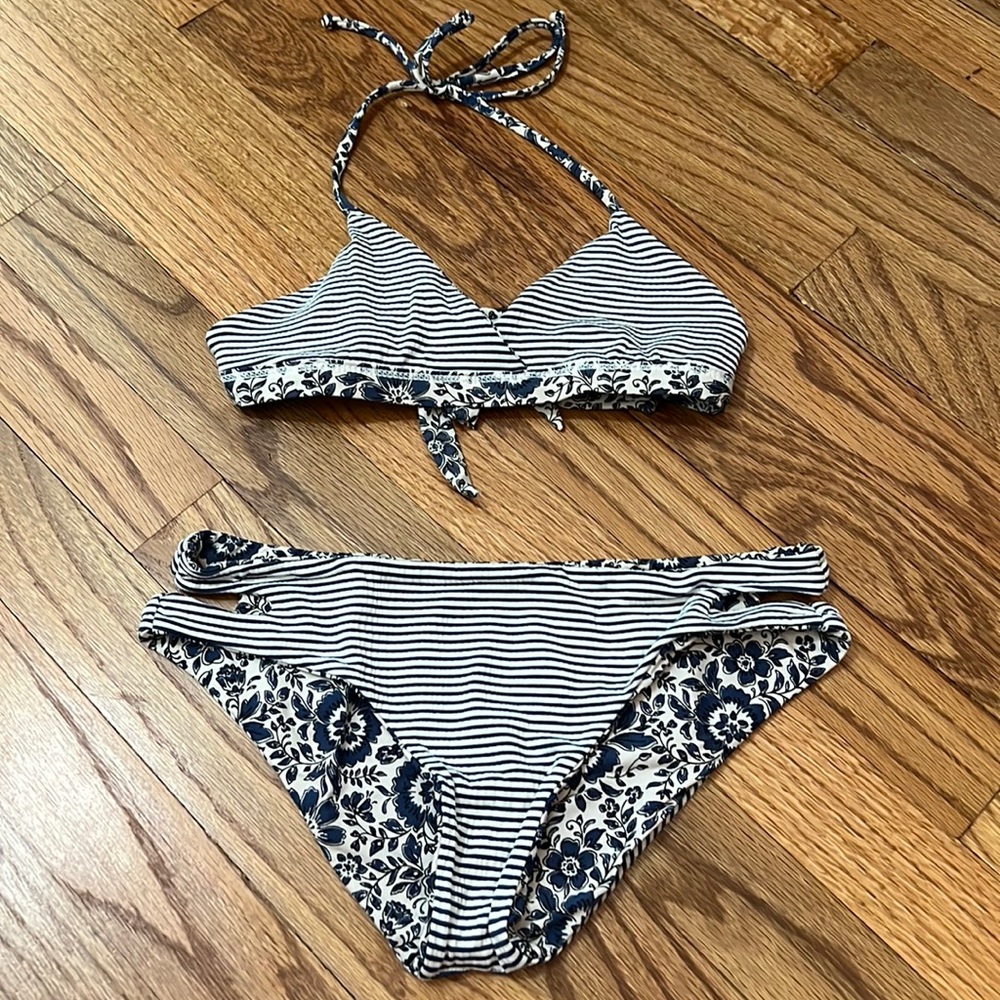 reversible navy floral and strip bikini